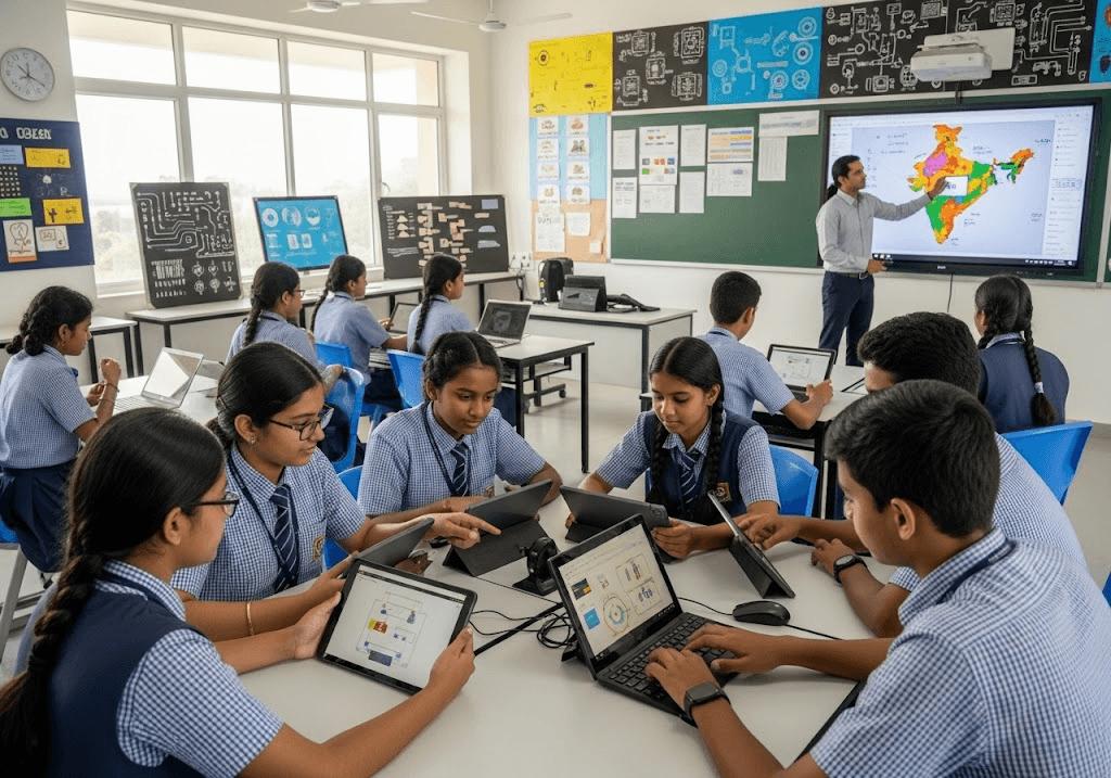 Students using tablets and laptops during a technology-led classroom session
