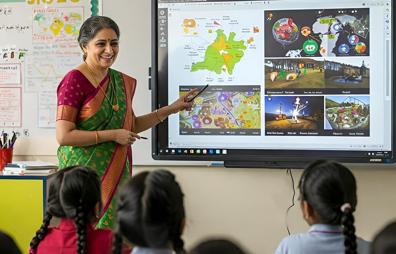 A teacher presenting a lesson using an interactive smart board